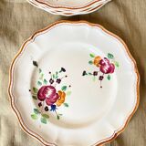 6 Plates and Dish with painted flowers Manufacture de Longchamp Model Monaco 1960s