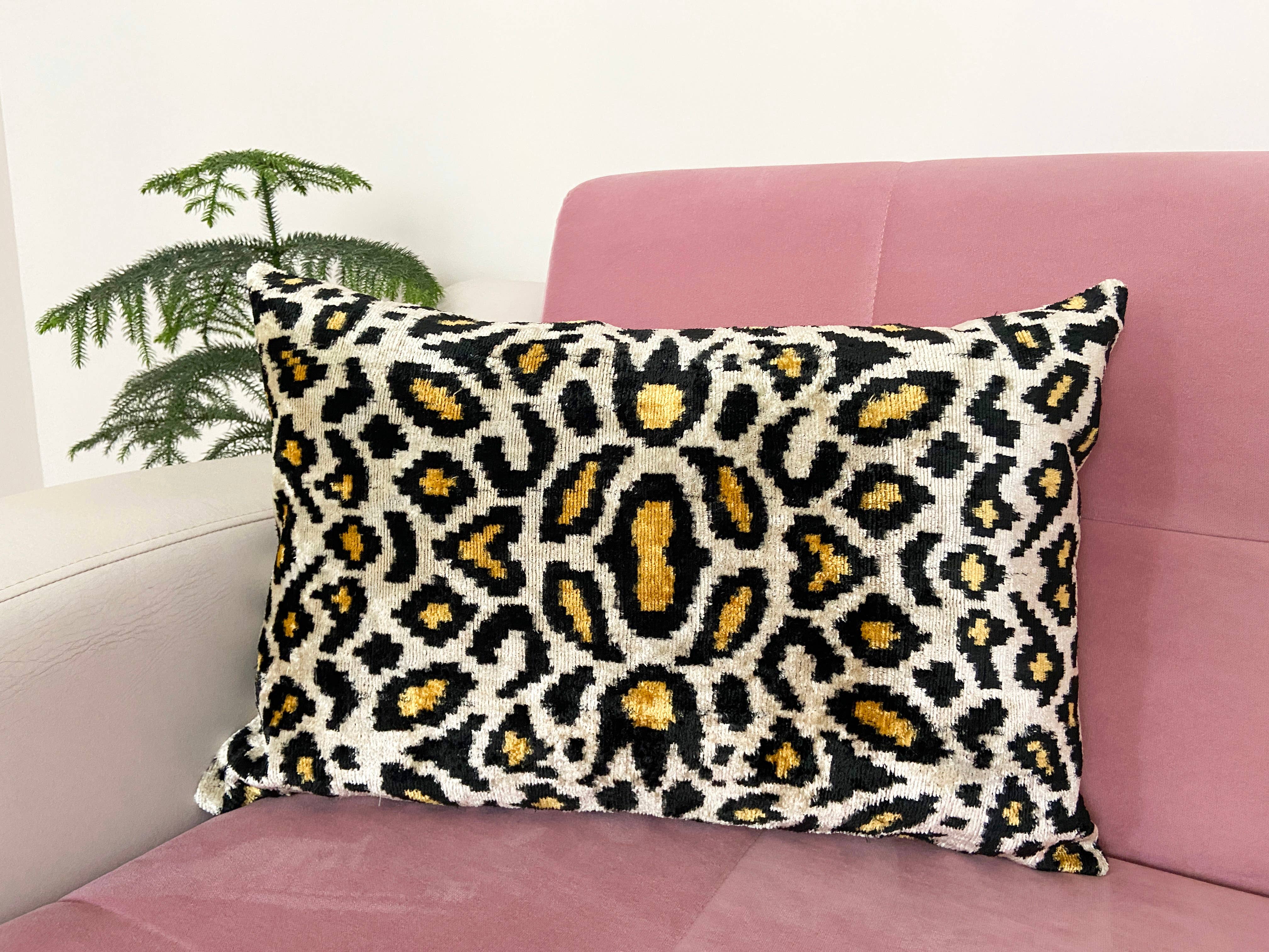 Ikat cushion in panther velvet