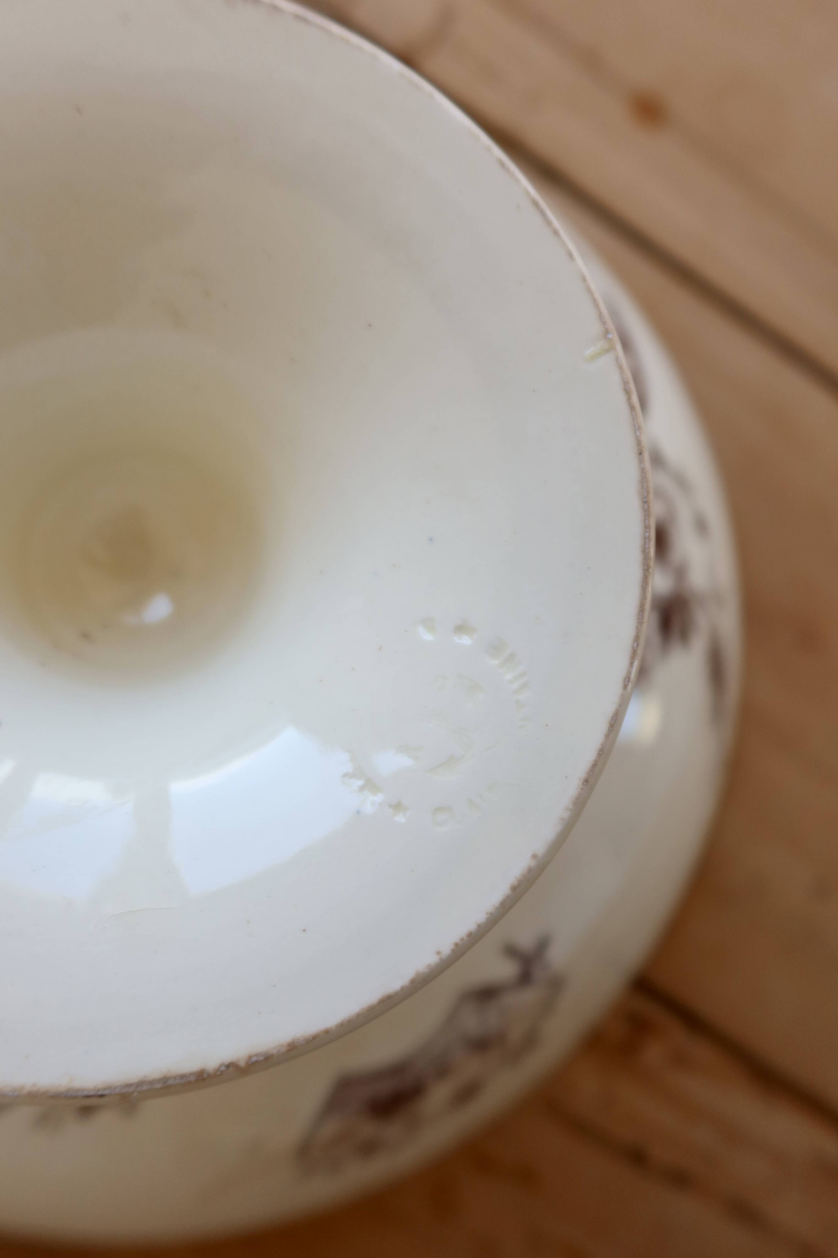 Antique compote dish made of ironstone, ivory and sepia, Clairefontaine with oriental decoration.