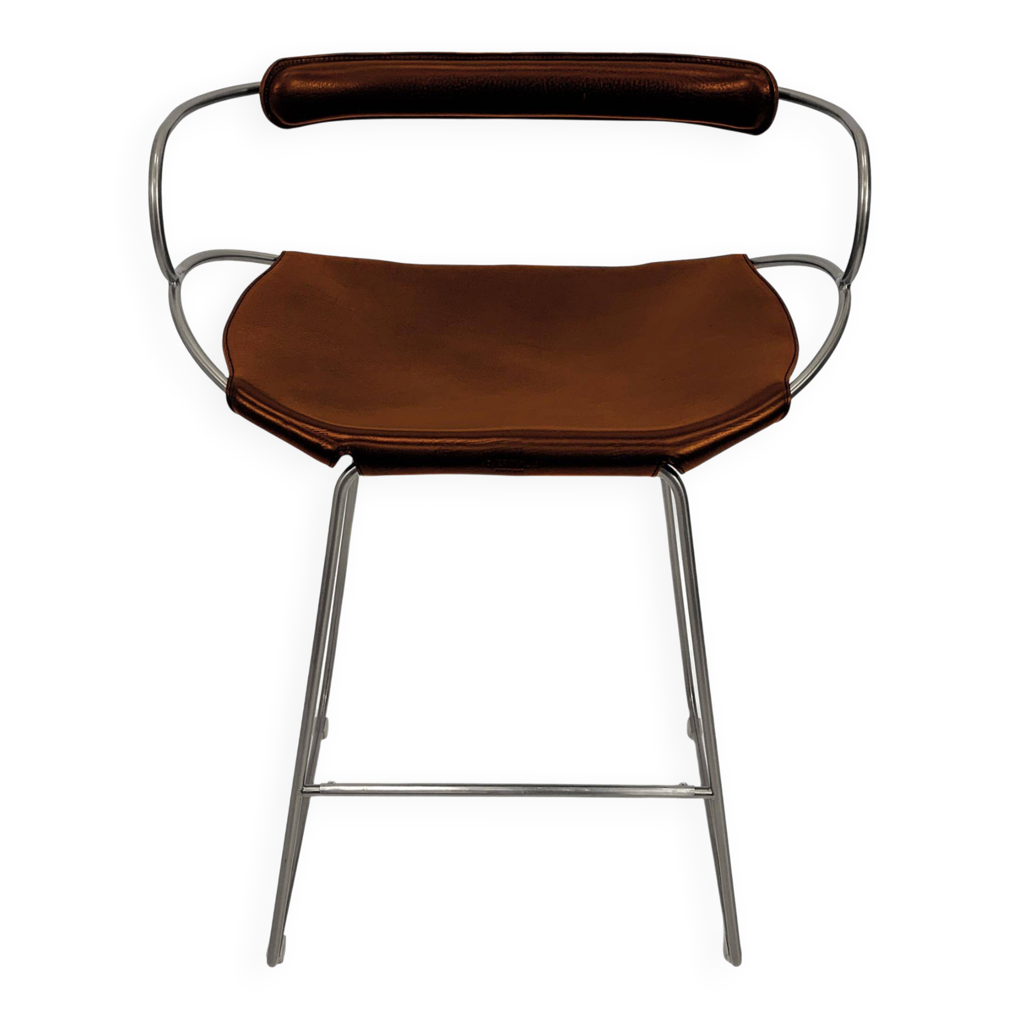Contemporary sculptural bar stool c. Silvered Aged Steel Backrest and Cognac Leather