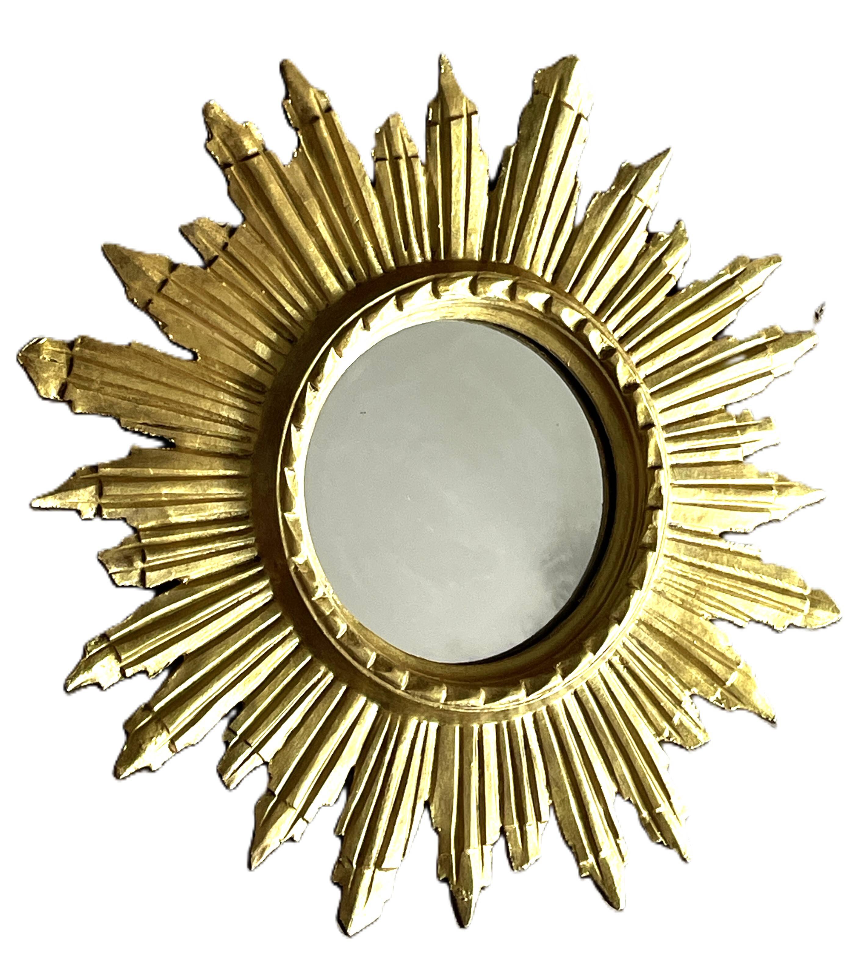 golden wooden sun mirror - 48 cm