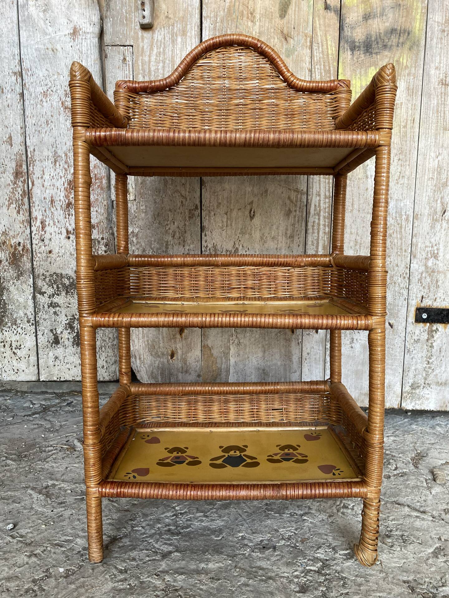 Vintage 1960s Painted Rattan Shelf with 3 Tiers