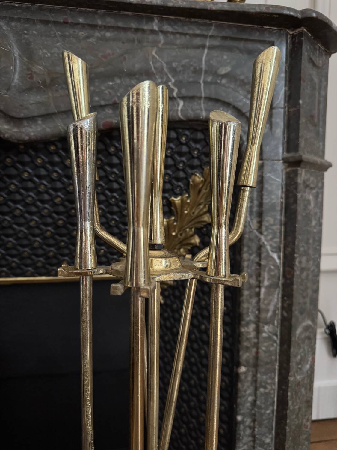 Golden metal fireplace tool set, 1970