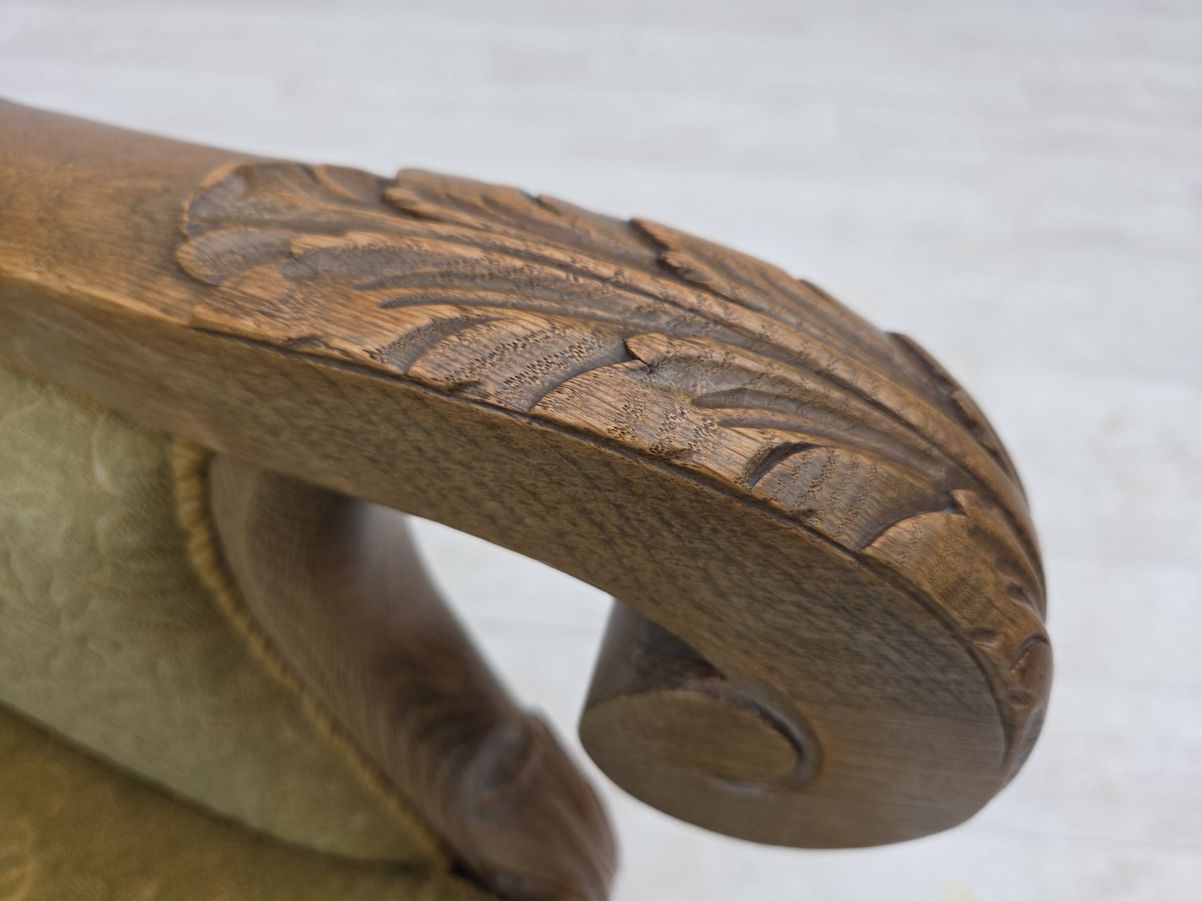 1960s, Danish highback armchair, furniture cotton/wool fabric, oak wood.