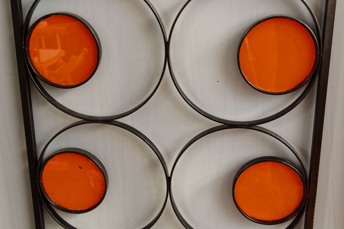 70s design, wrought iron, orange glass