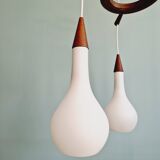 Scandinavian teak and frosted white glass chandelier, 1960.