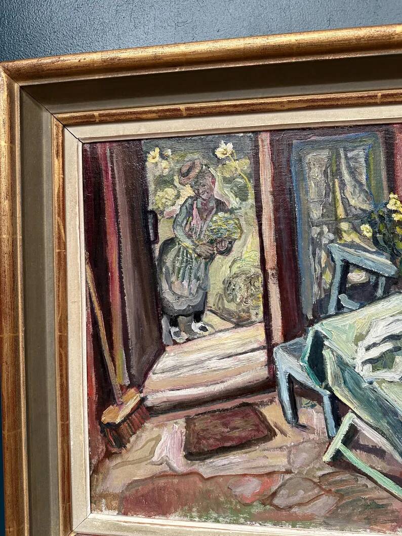 Oil on panel by Swedish artist – "Interior with figure" by Olle Nordberg (1905–1986) – 1944 – vintage and framed – 40×46 cm (15.7"×18.1")