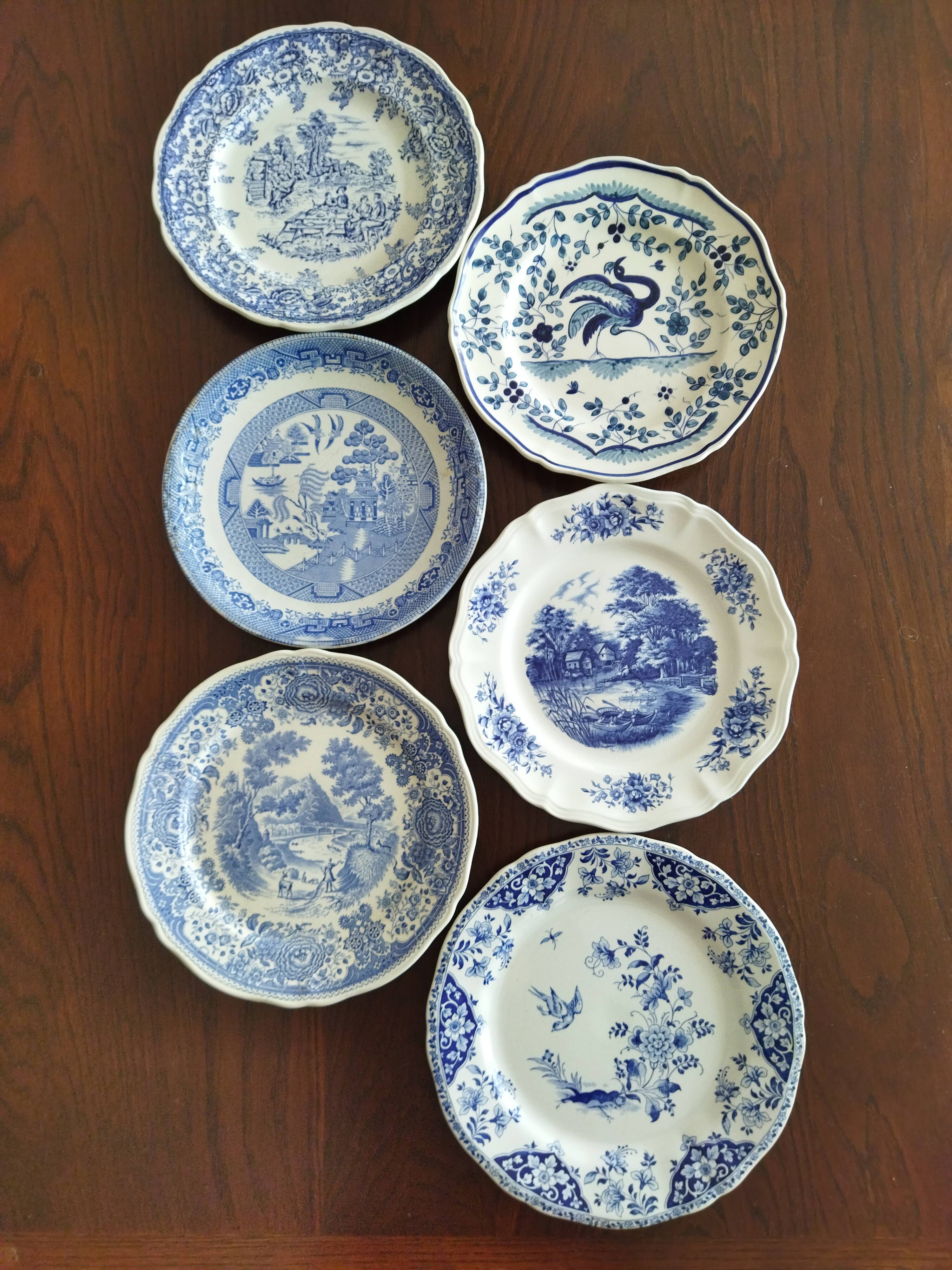 Six blue & white plates Gien, Villeroy & Boch, Sarreguemines, W.Adams (Tunstall) and K&G Luneville