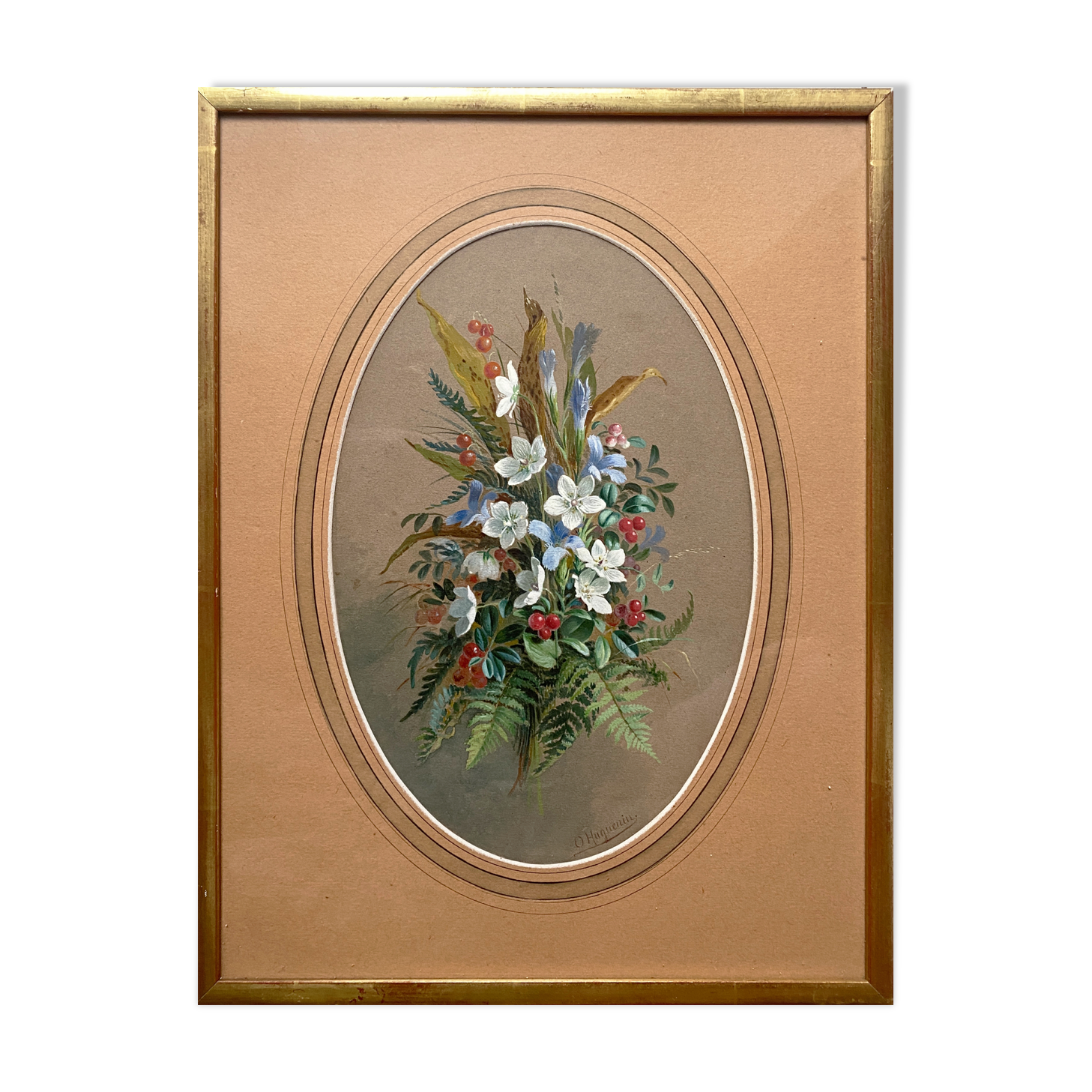 Gouache painting "Fleurs des champs" signed by Oscar HUGUENIN (1842-1903)