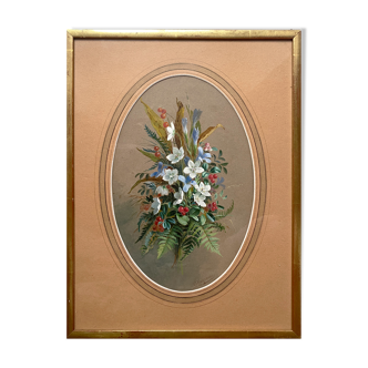 Gouache painting "Fleurs des champs" signed by Oscar HUGUENIN (1842-1903)