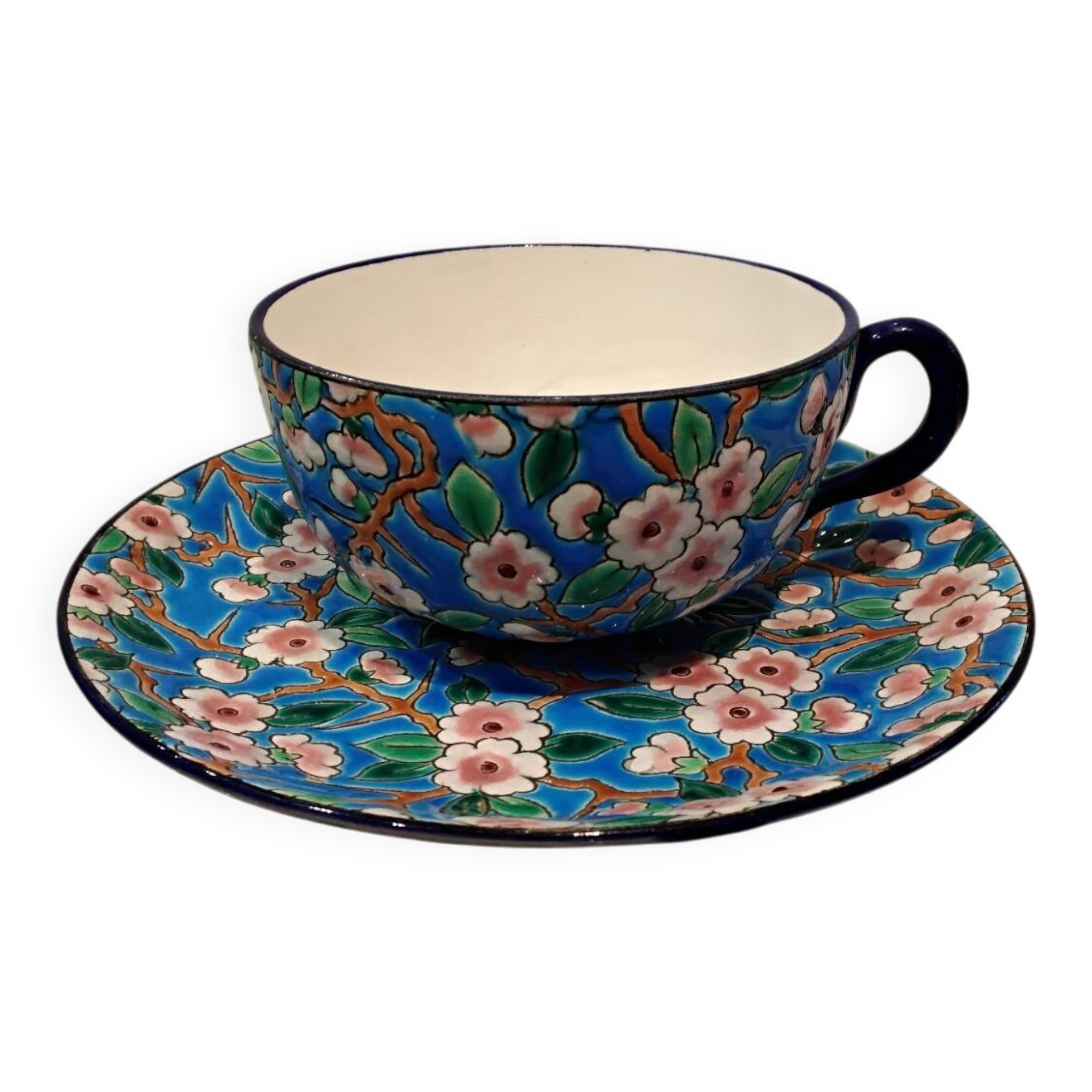 32cl teacup and saucer, Longwy enamel, apple blossom design, 188