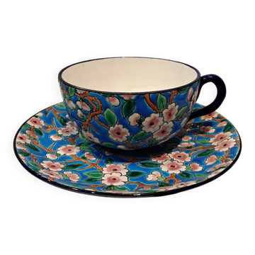32cl teacup and saucer, Longwy enamel, apple blossom design, 188