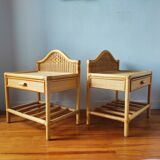 Pair of vintage 80s bedside tables in light rattan.