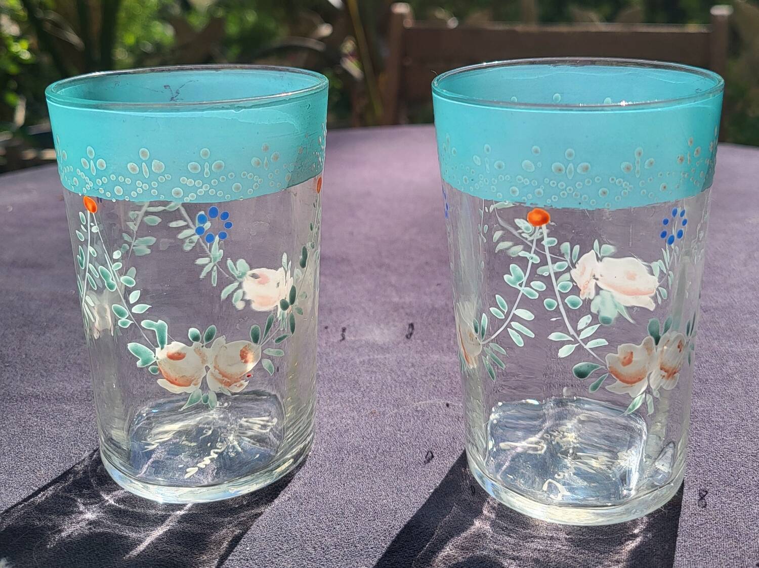 2 bohemian fine green enameled glasses