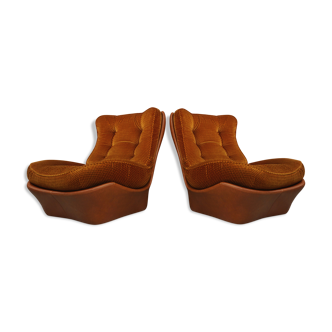 Pair of armchairs in imitation cognac leather and velvet model Orsay by Beka