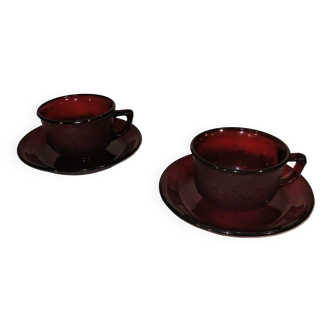 2 red glass cups - vintage
