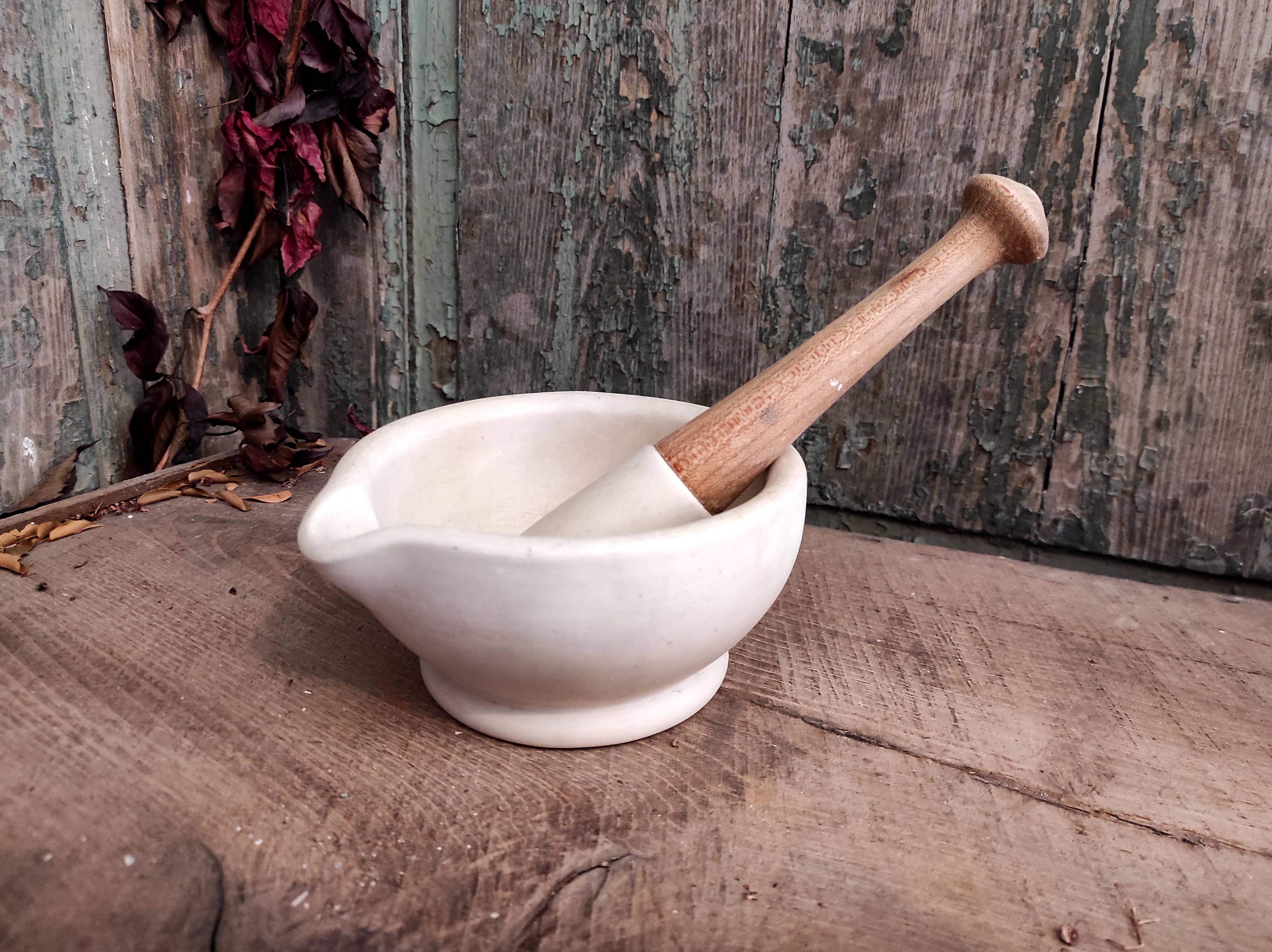 Vintage English ceramic and wooden mortar and pestle set
