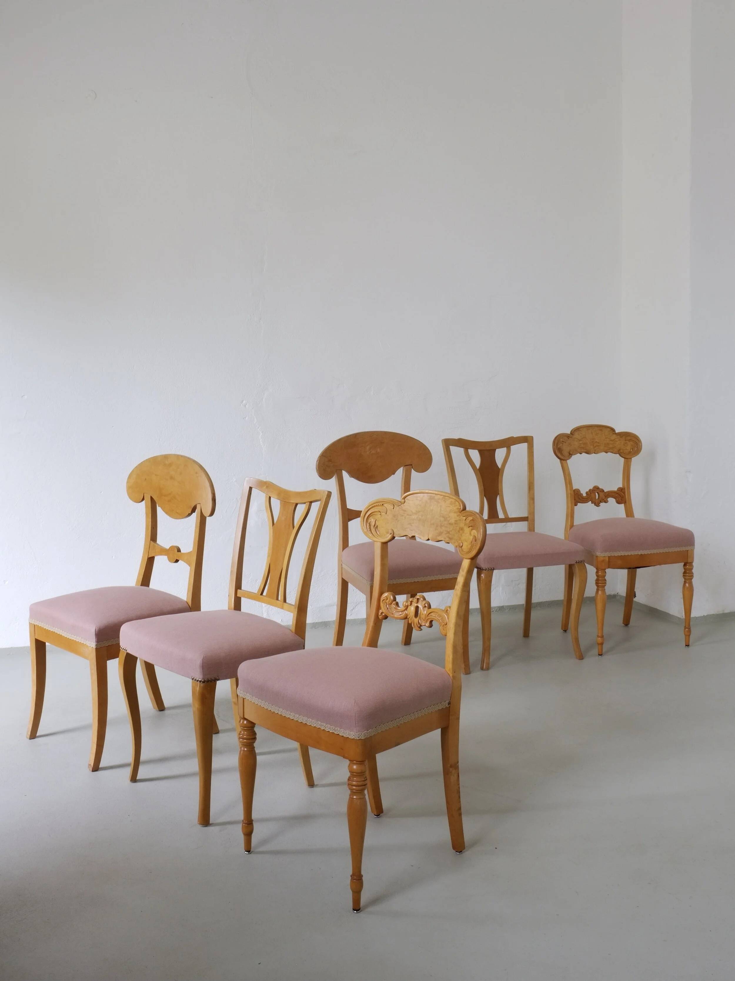6 Mix & Match Swedish Biedermeier Golden Birch Chairs