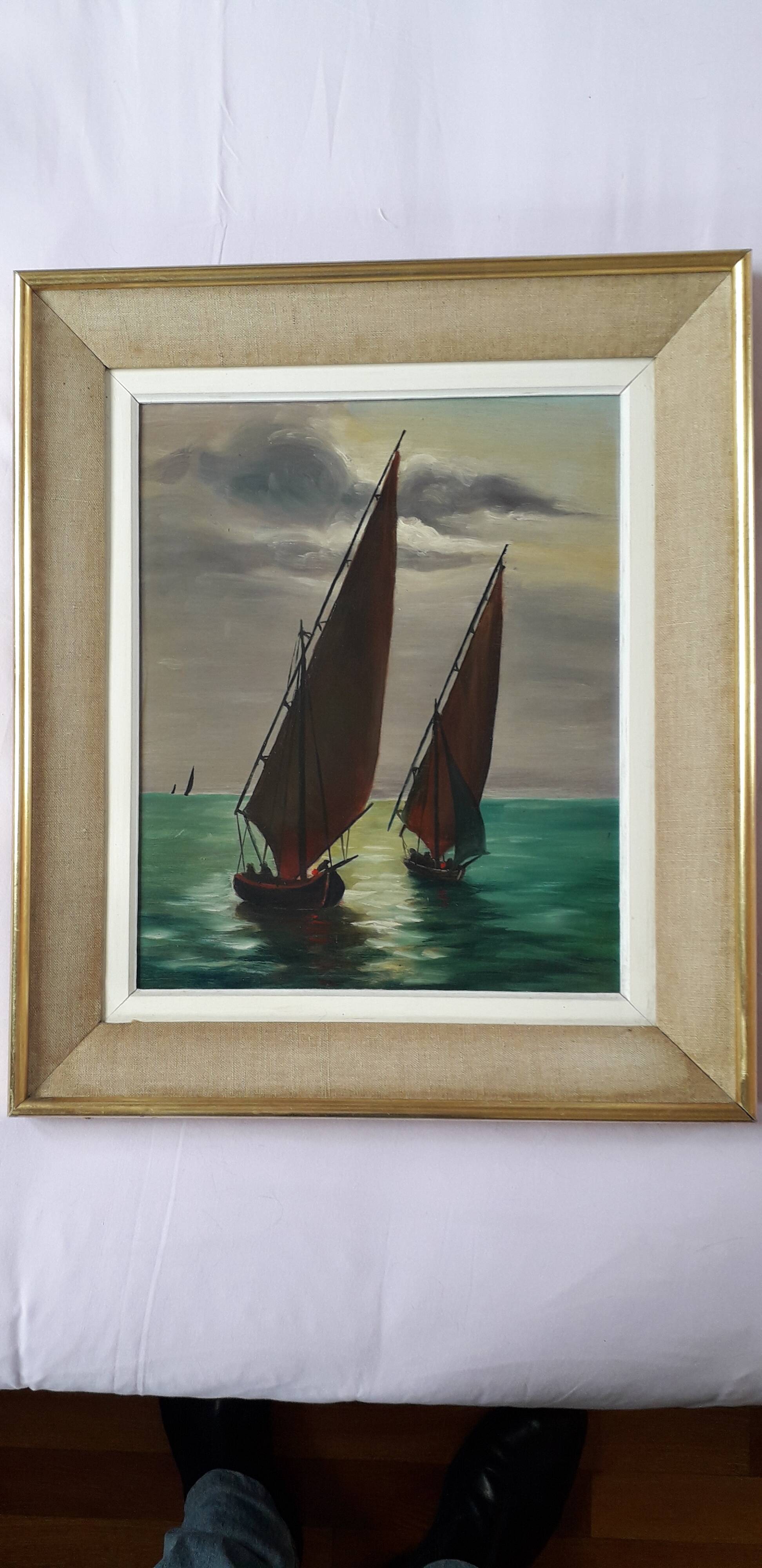 Antique oil painting depicting a marine scene.