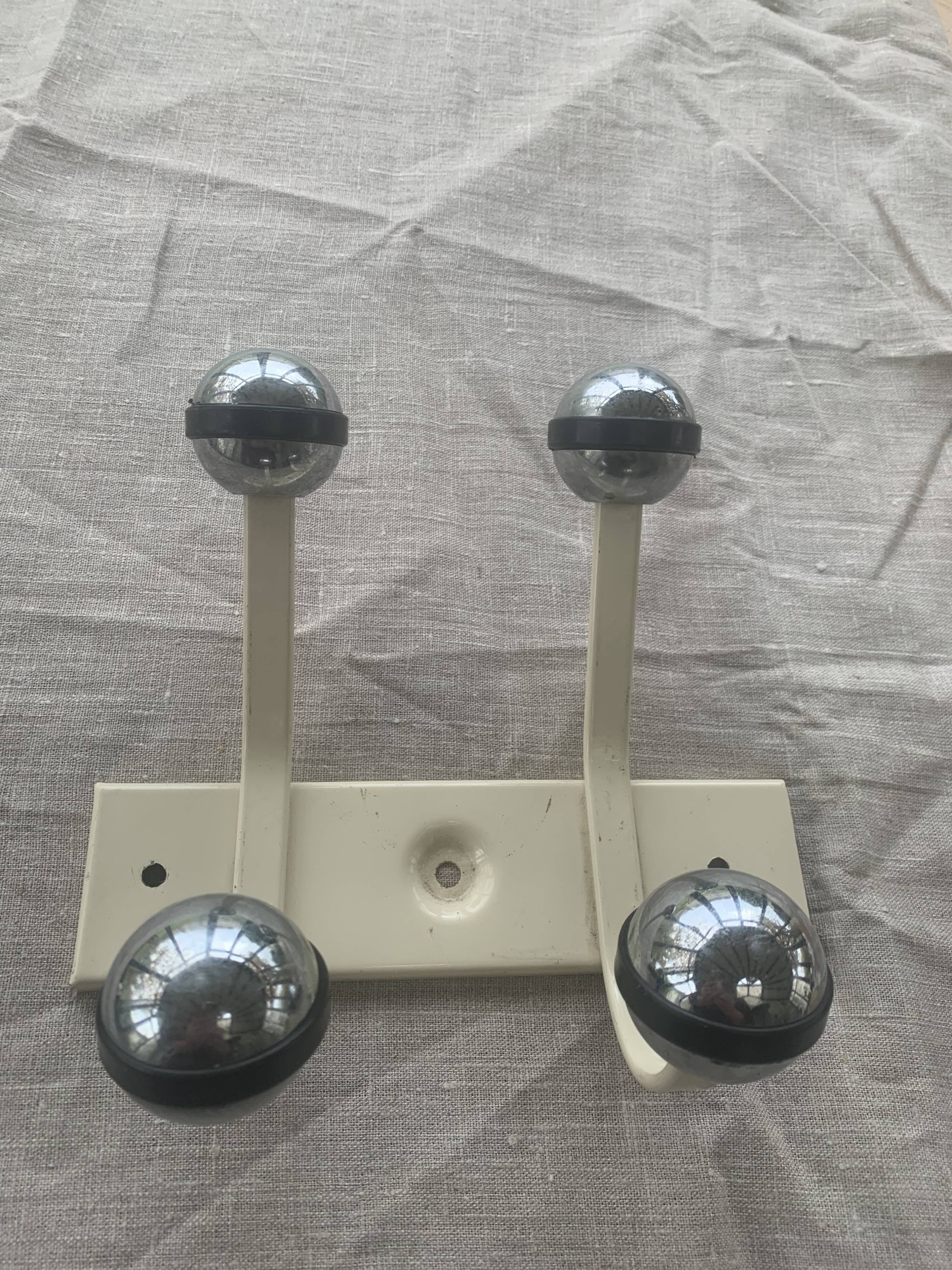 Industrial wall coat rack two hooks in white lacquered metal and vintage silver 1970