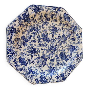 Octagonal blue dessert plate from the late 19th century in earthenware.