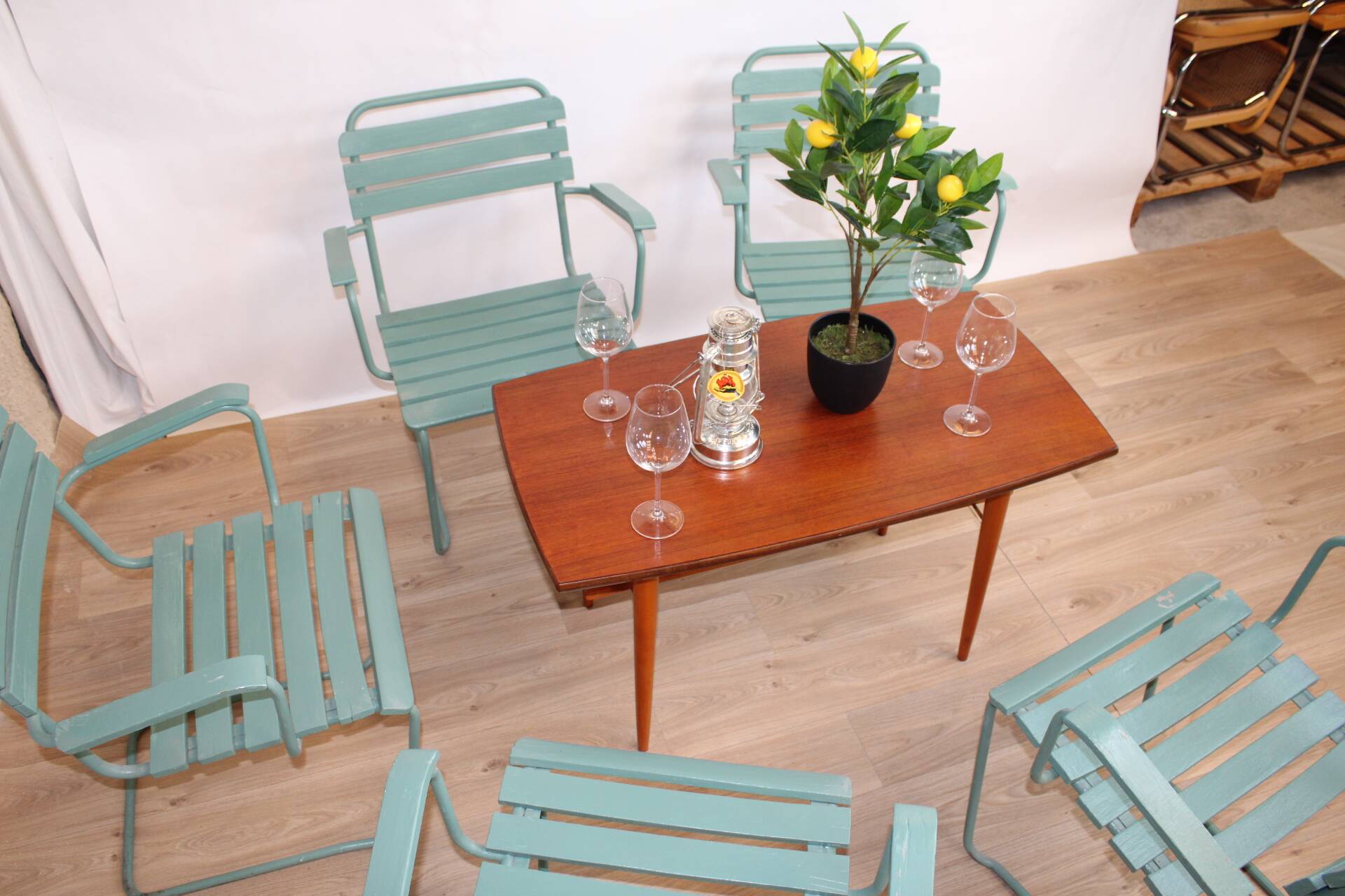 Garden chairs set of 5 in metal and painted stackable wood 1960 denmark