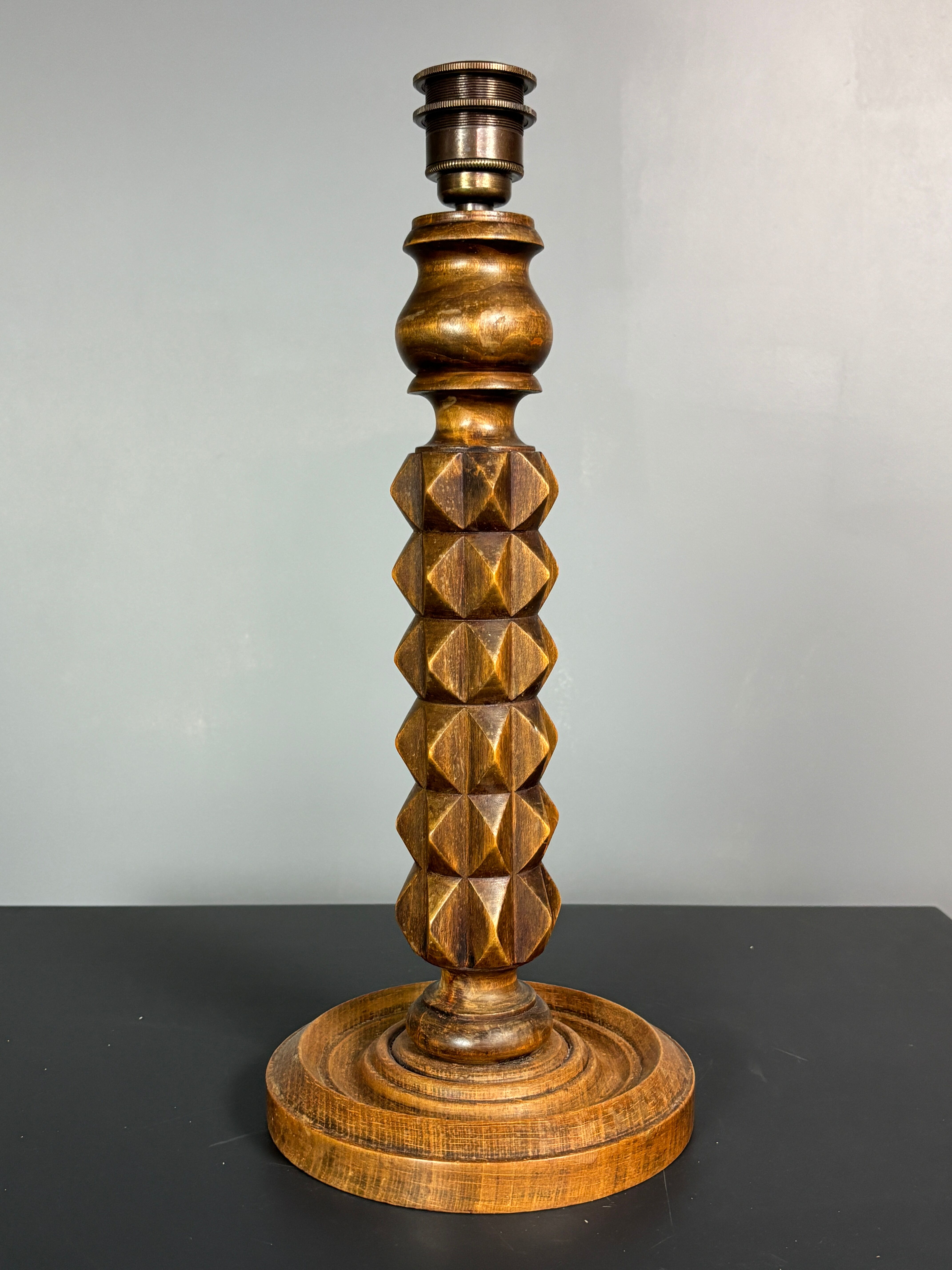 Brutalist Wood Turned Table Lamp in the style of Charles Dudouyt, 1950s