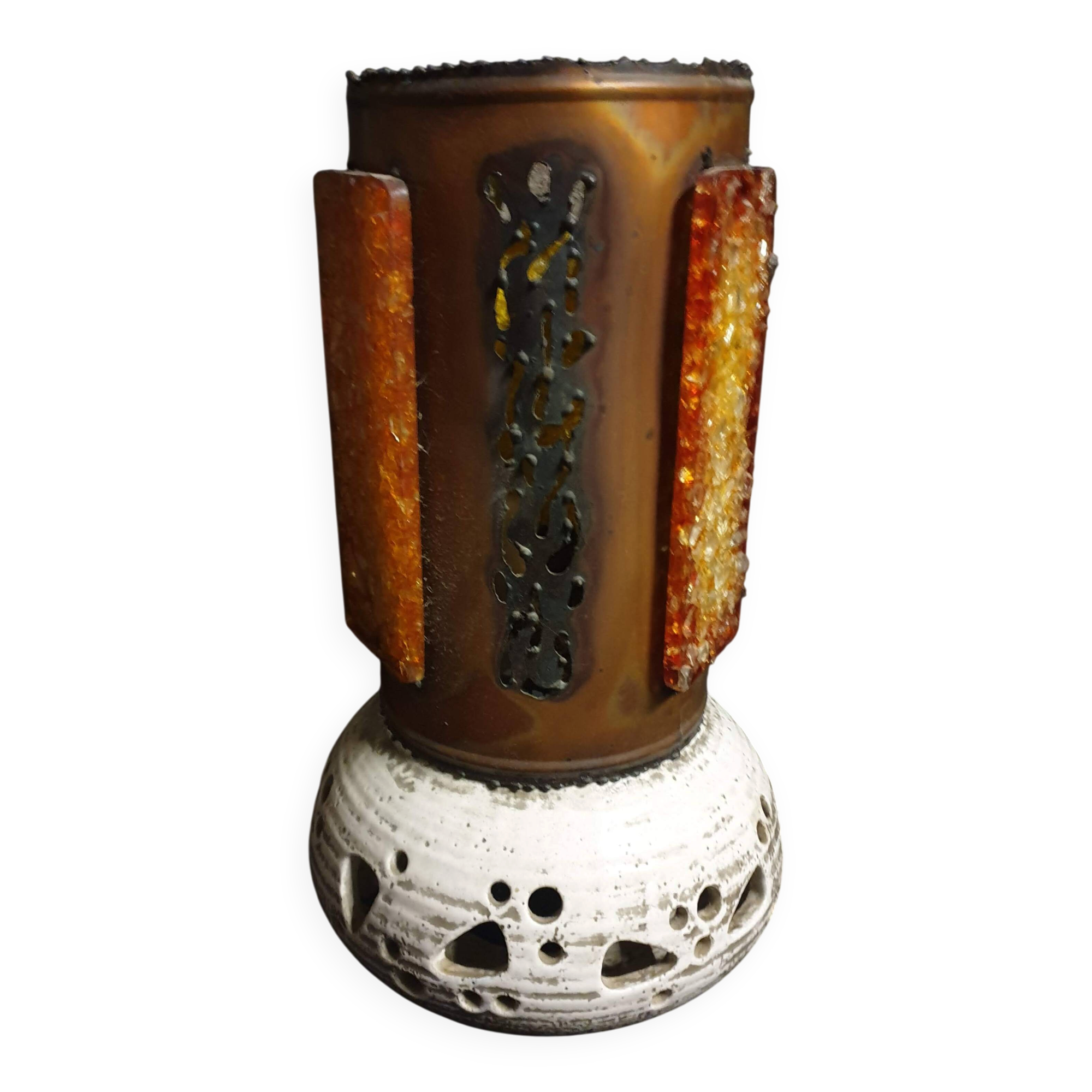 Grande lampe brutaliste signée accolay – céramique et résine – vintage 1960