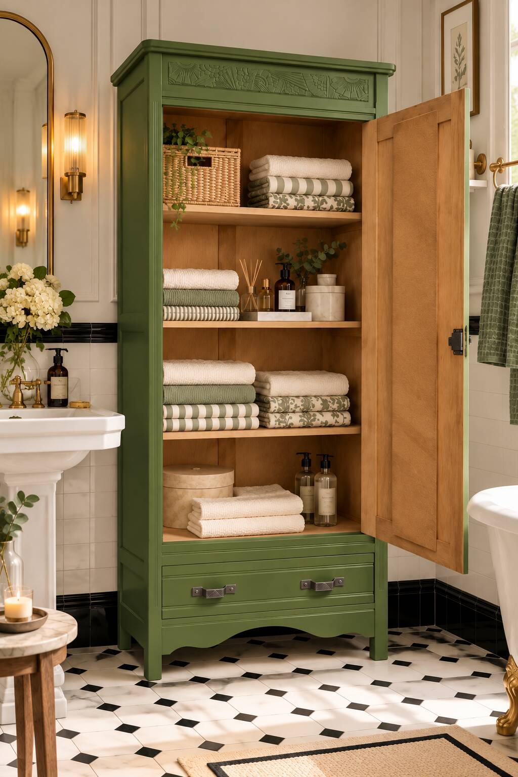 Renovated Art Deco Parisian wardrobe in khaki with original mirror.