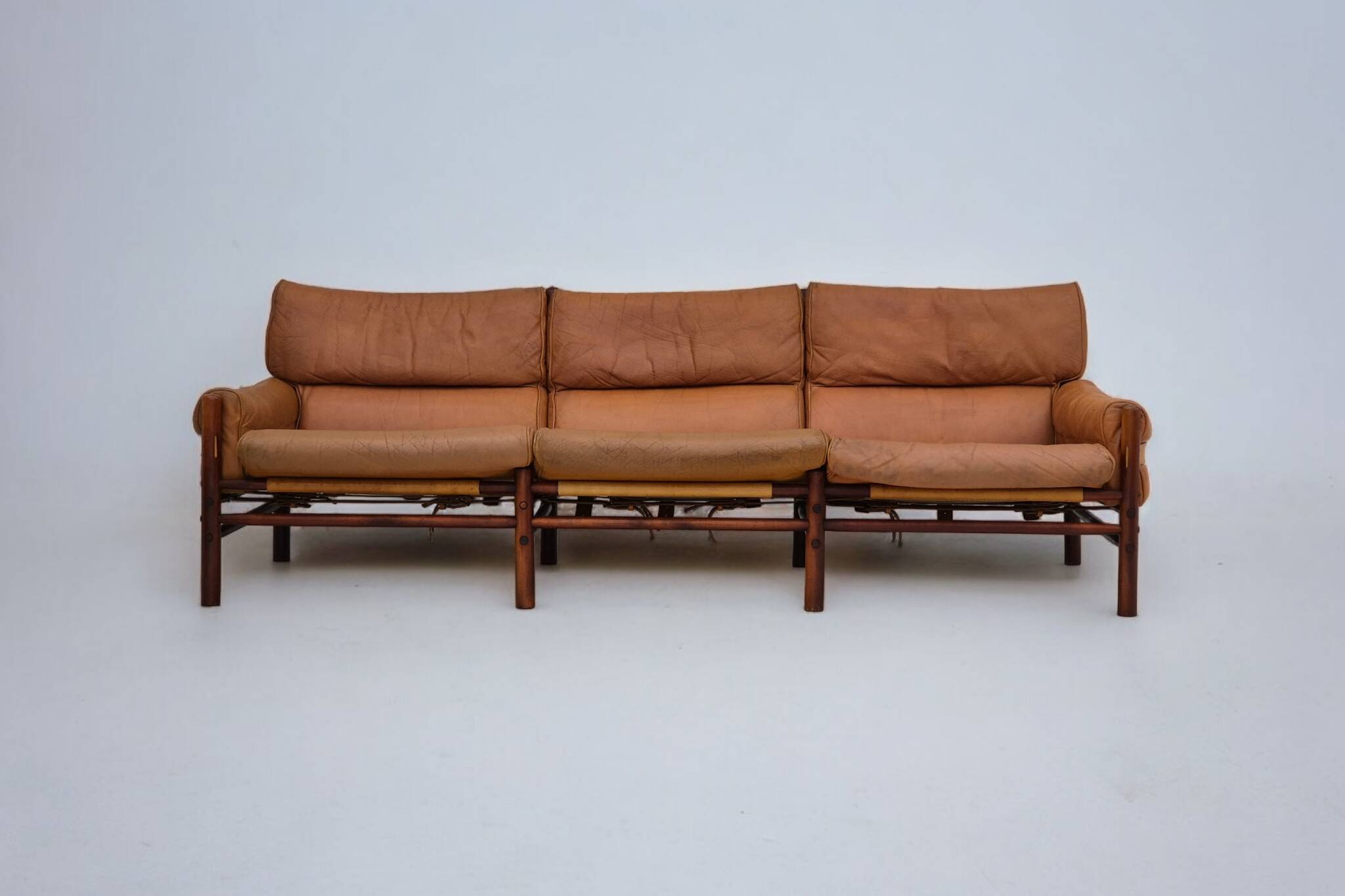 1960s, Scandinavian design by Arne Norell, sofa, model "Kontiki", original condition, leather, beech.