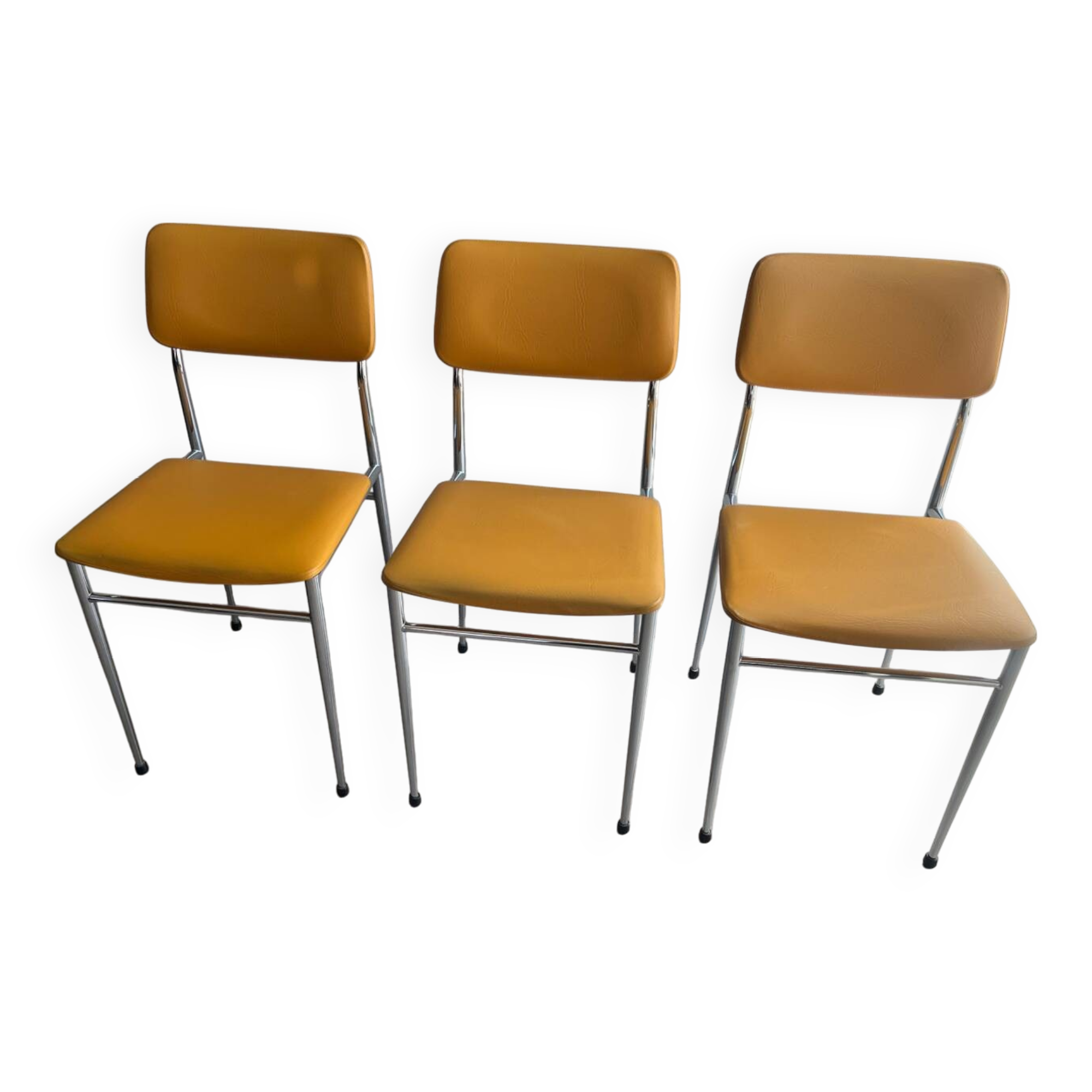 LM vintage chrome and orange/mustard yellow faux leather chairs