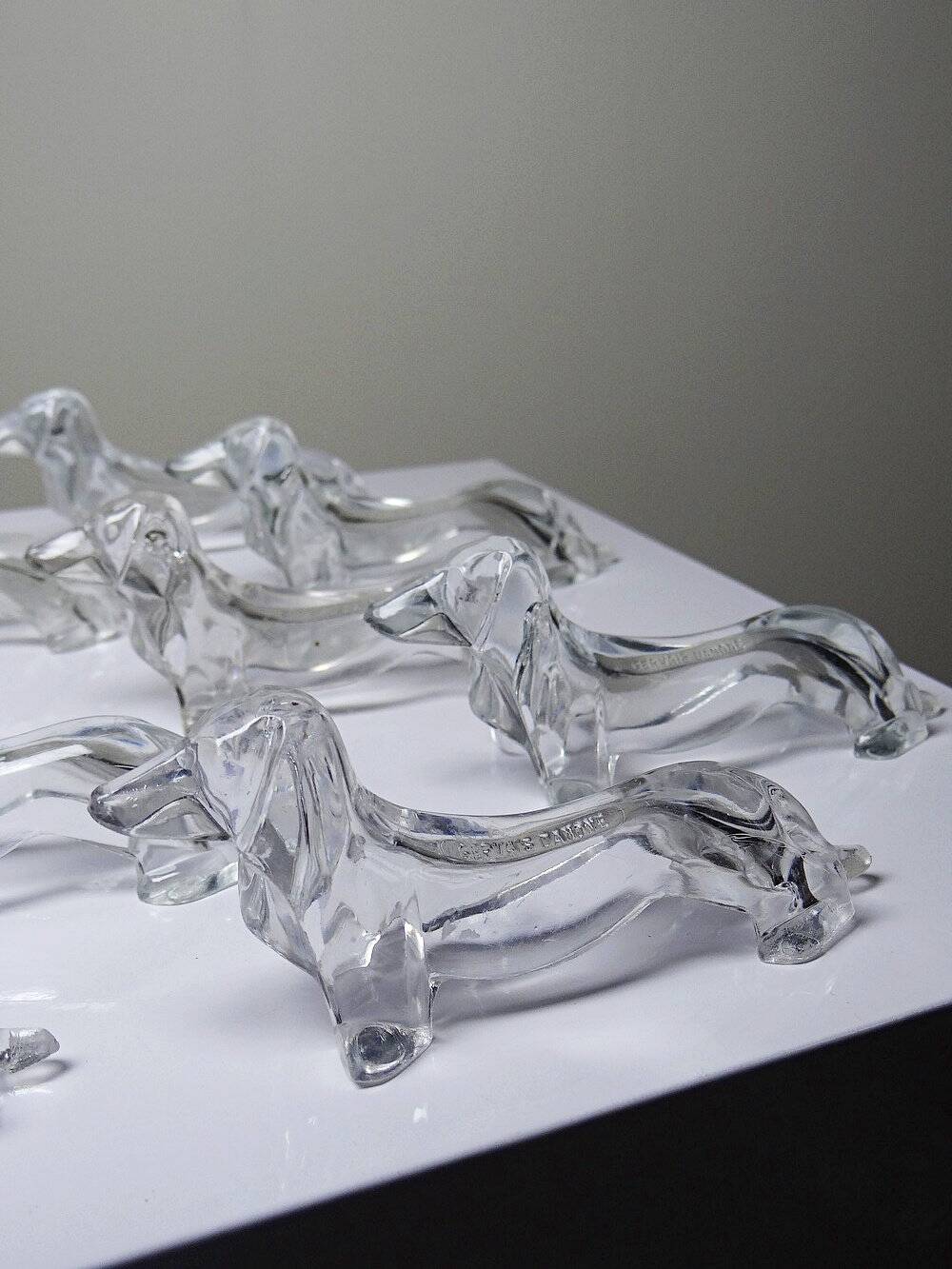 Vintage Gervais Danone knife holders, dachshund design, clear plastic