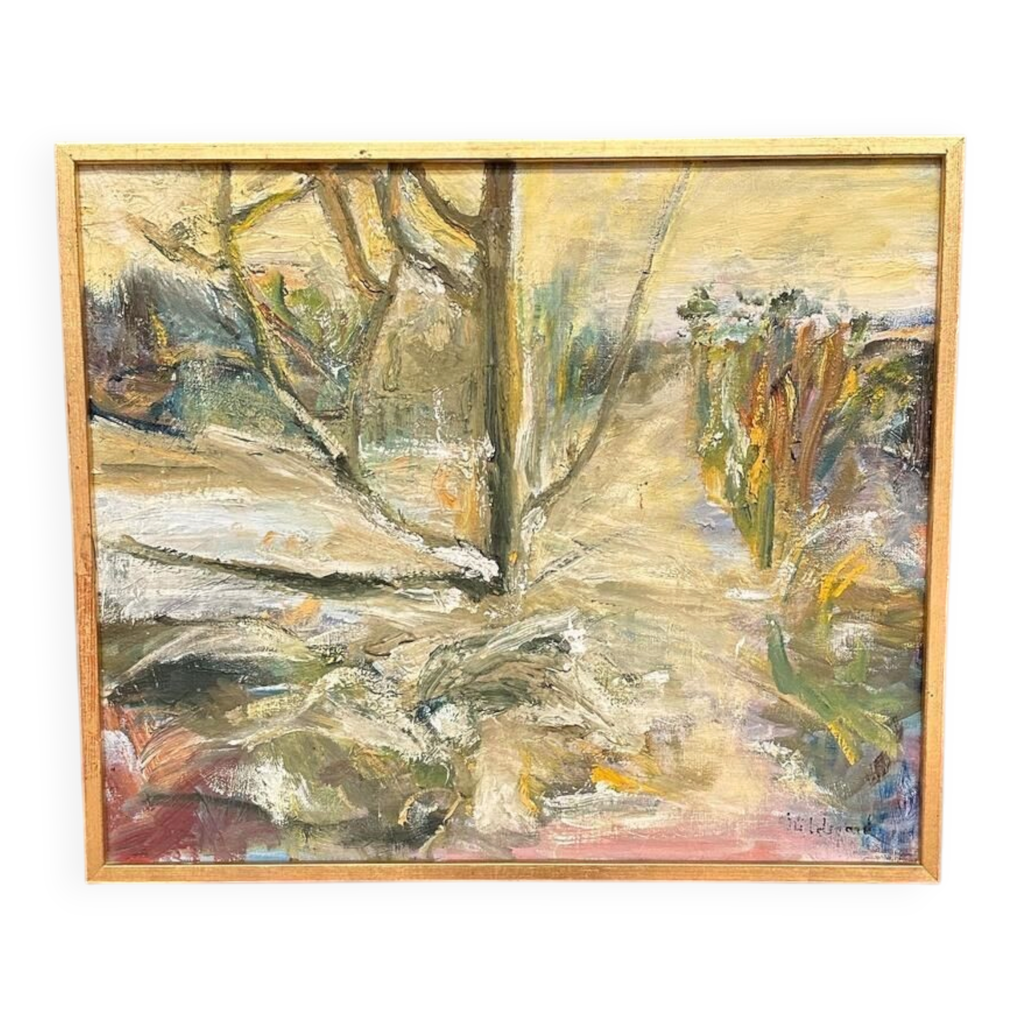 Huile sur toile originale – “Chemin entre” – Signée – Vintage et encadrée – 57 × 49 cm (22,4" × 19,3")
