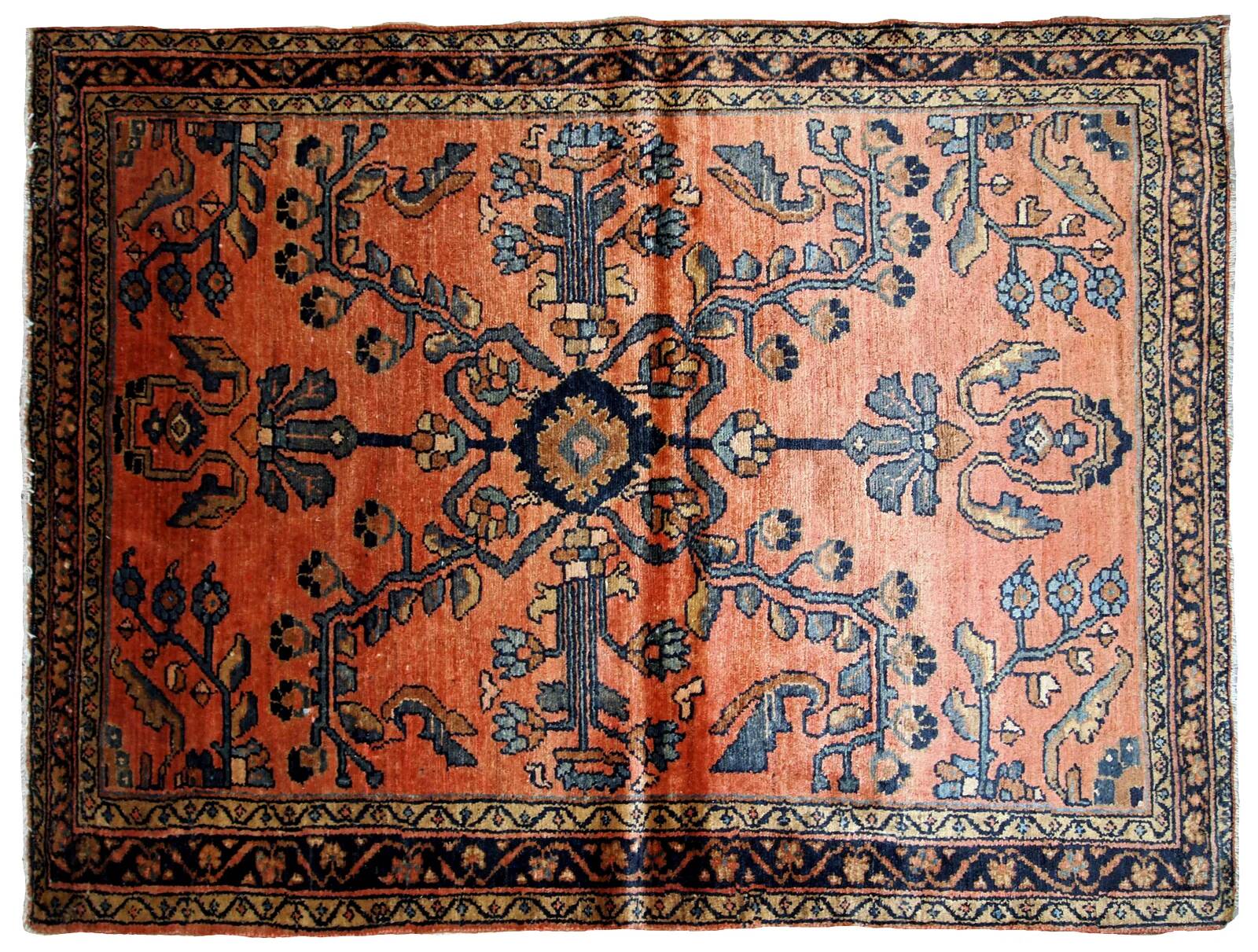 Handmade antique Persian Lilihan rug 3.5' x 5.4' (106cm x 164cm) 1920s - 1B676