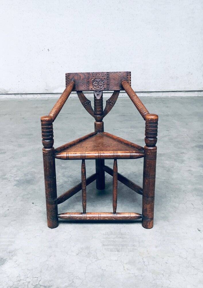 Brutalist Carved Oak Tripod Monk Chair, Sweden, 1930s