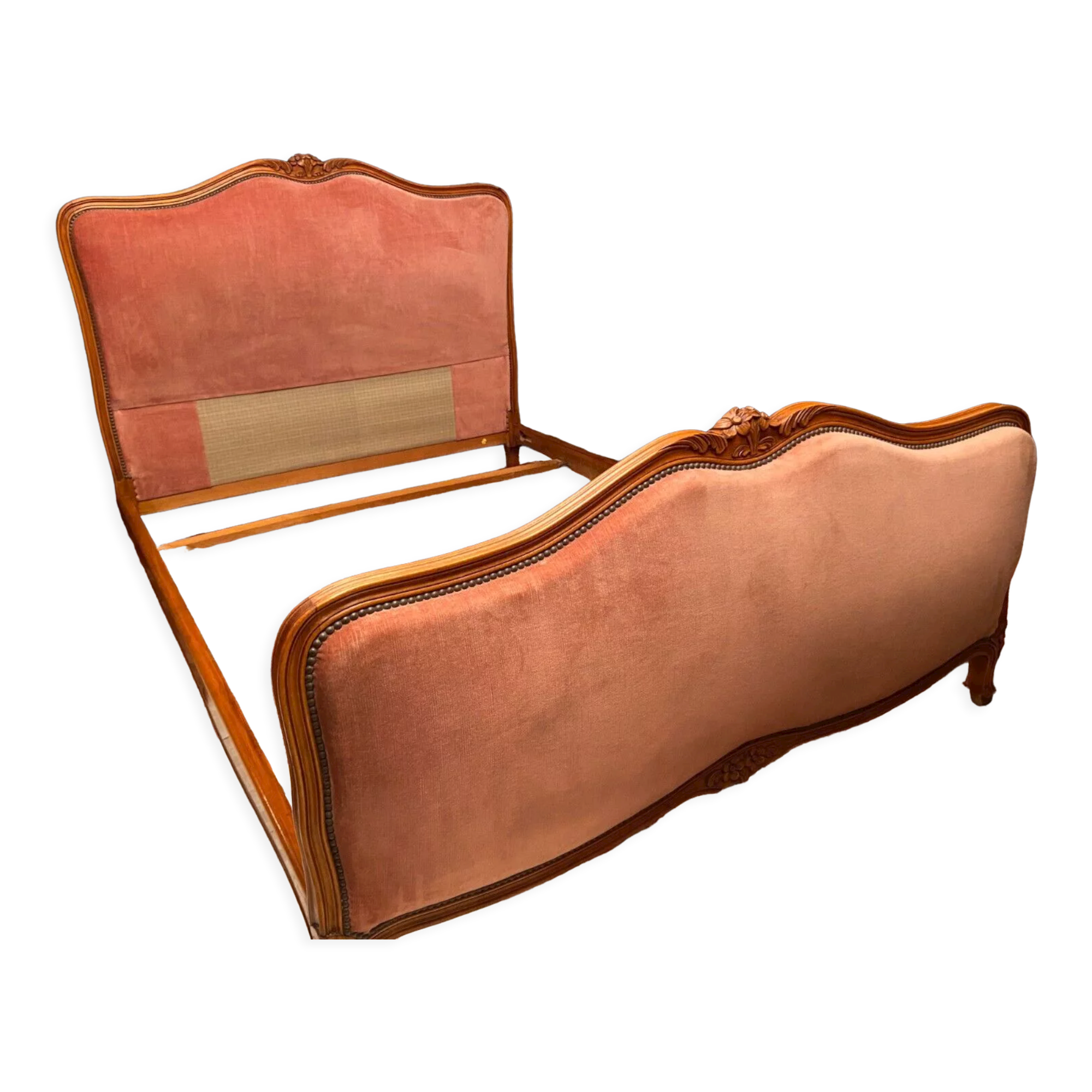 Bed in cherry wood blond carved velvet pink style Louis XV for sleeping 190x140