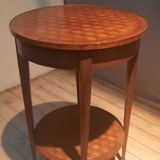 Round marquetry pedestal table with 2 shelves