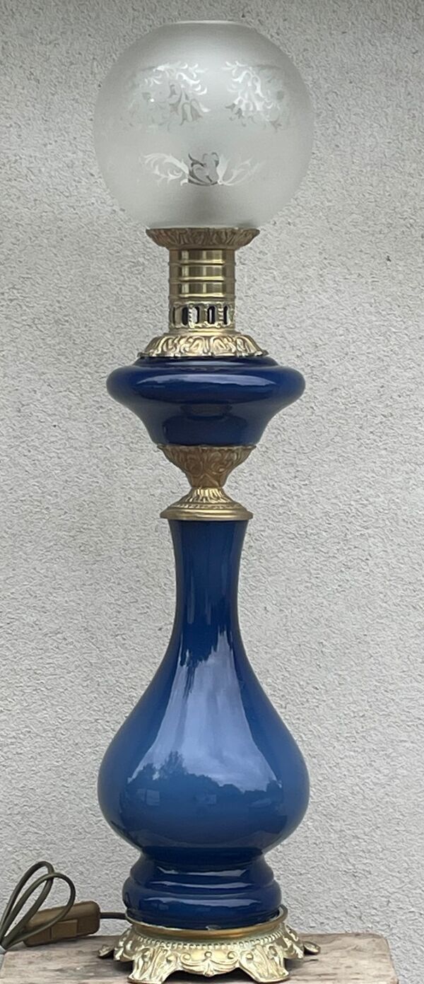 Lampe balustre porcelaine bleu et bronze