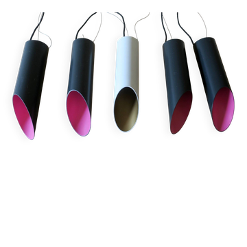 Set of 5 multicoloured Raak cylindrical pendant lights, 1970s
