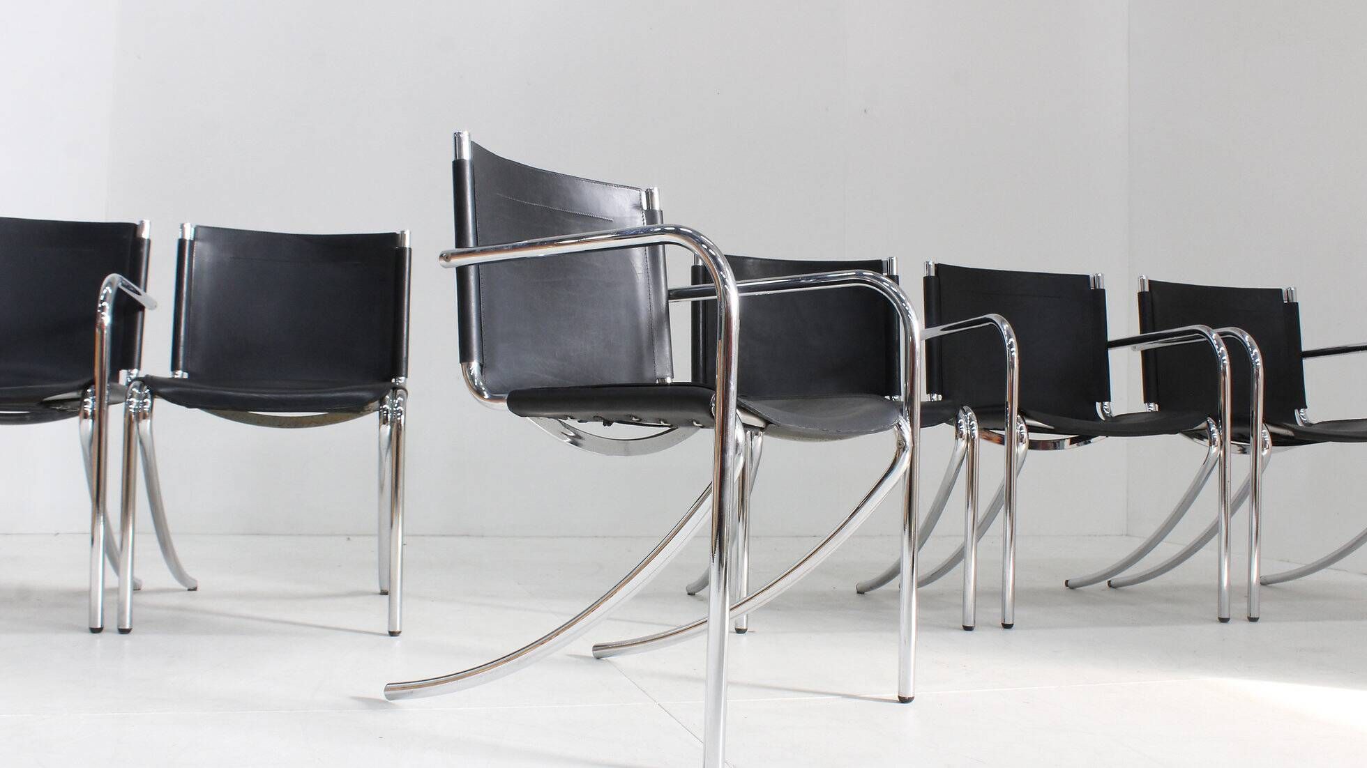 Giotto Stoppino black leather and chrome vintage dining chairs model Jot