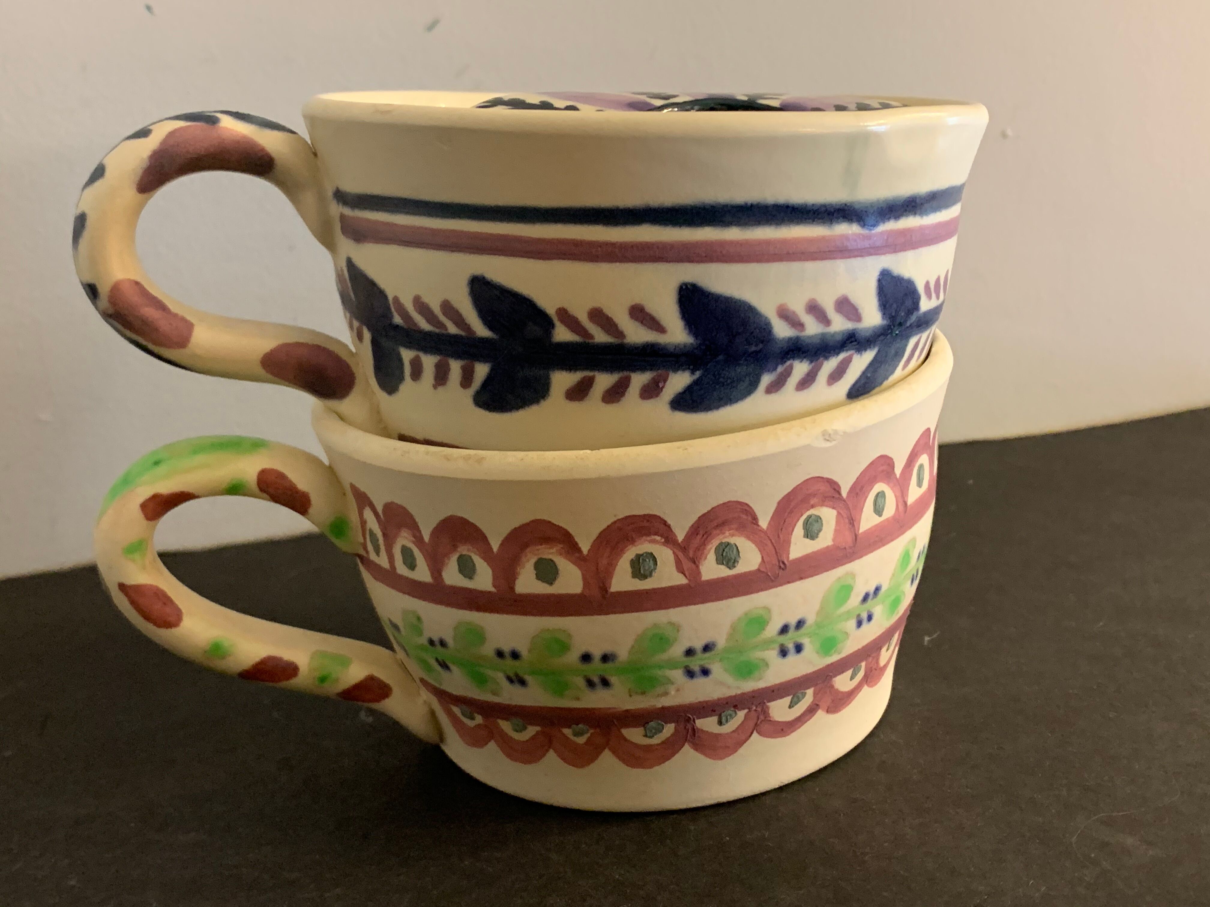 Pair of ceramic cups including a mustache cup for gentleman