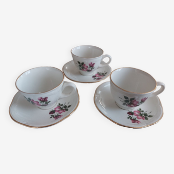 Set of 3 cups and 3 sub-cups in porcelain from Gien