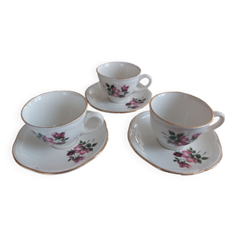 Set of 3 cups and 3 sub-cups in porcelain from Gien