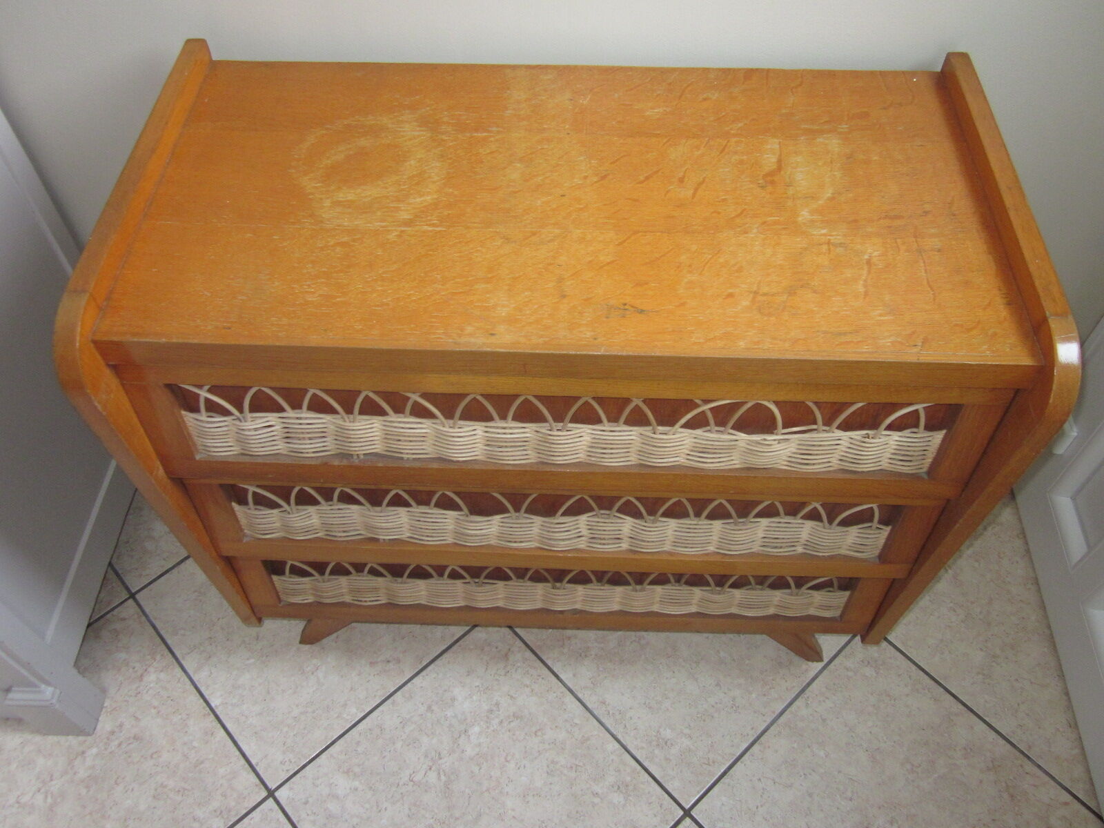 Vintage wood and rattan dresser