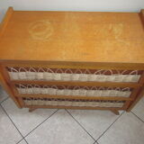 Vintage wood and rattan dresser