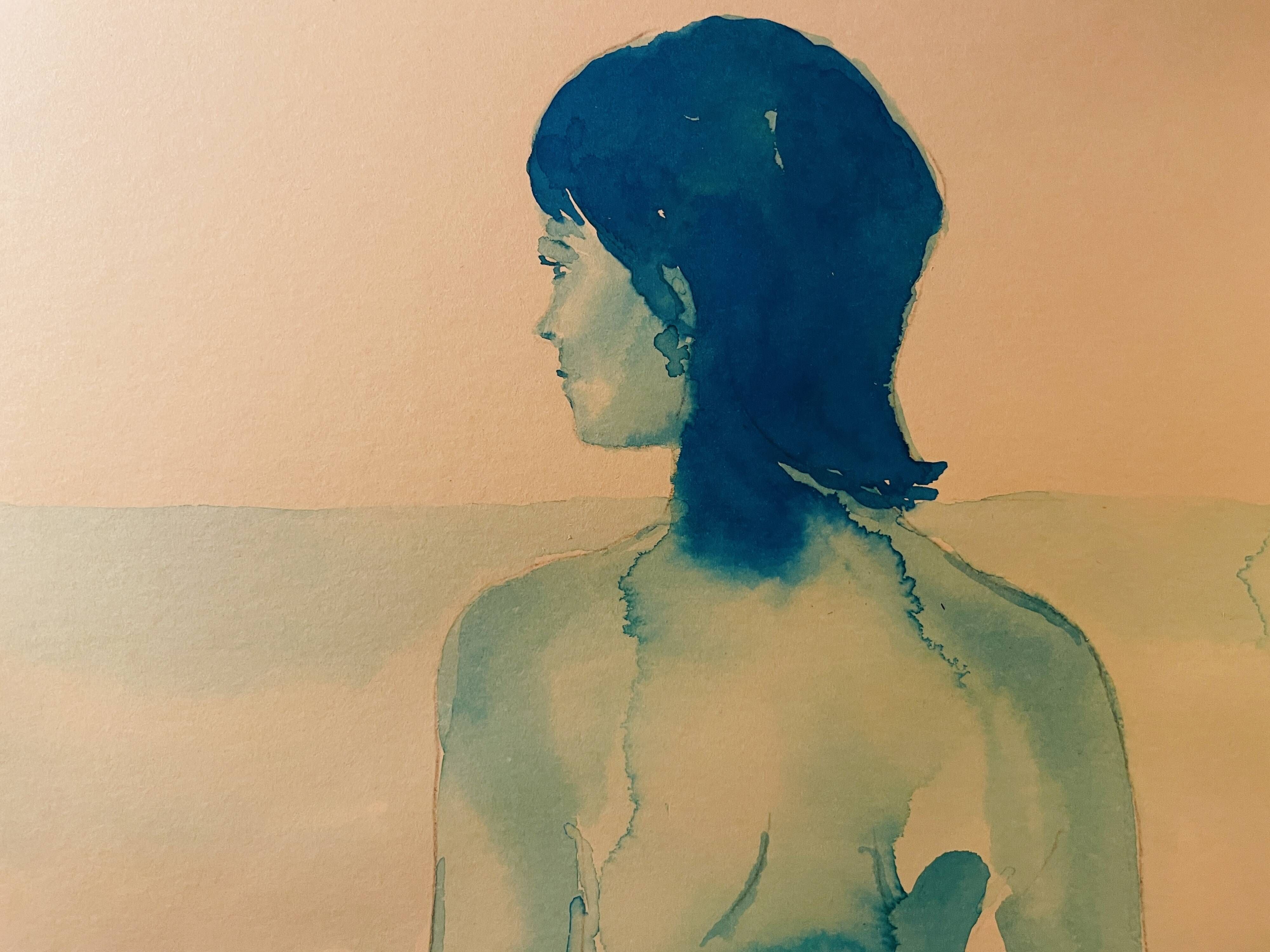 Signed monochrome blue painting of a female portrait "Weekend in Capri" Italy
