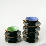 Set of 6 black and colored earthenware cups and saucers, 1950