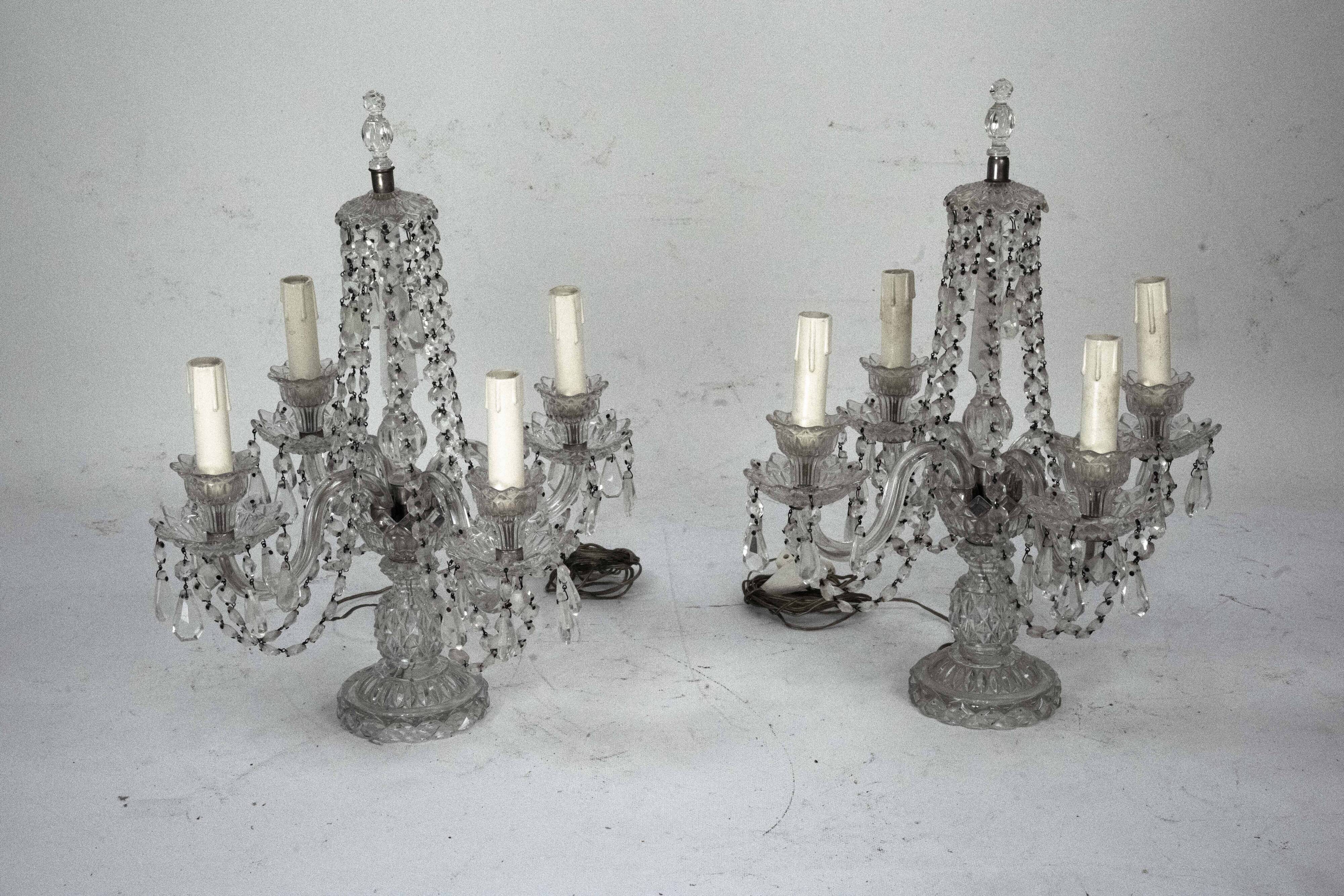 Lampes de table en cristal Maria Theresa avec candélabres. Ensemble de deux. Italie, années 1940.