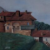 Old painting of a mountain chalet