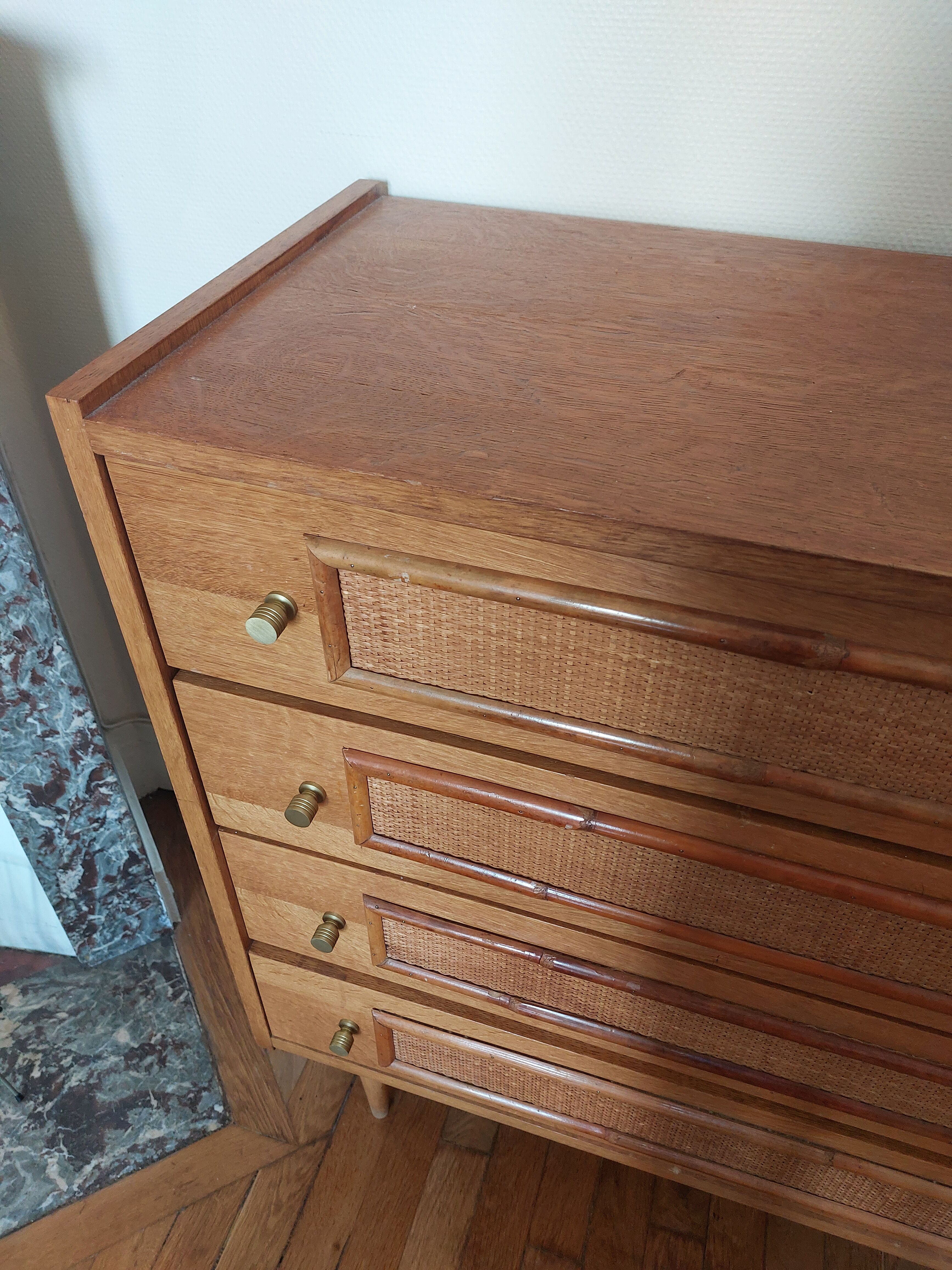 Vintage wood and rattan chest of drawers